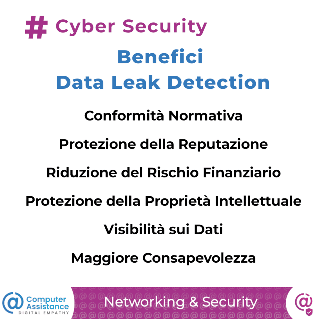 Benefici Data Leak Detection Conformità Normativa Protezione della Reputazione Riduzione del Rischio Finanziario Protezione della Proprietà Intellettuale Visibilità sui Dati Maggiore Consapevolezza