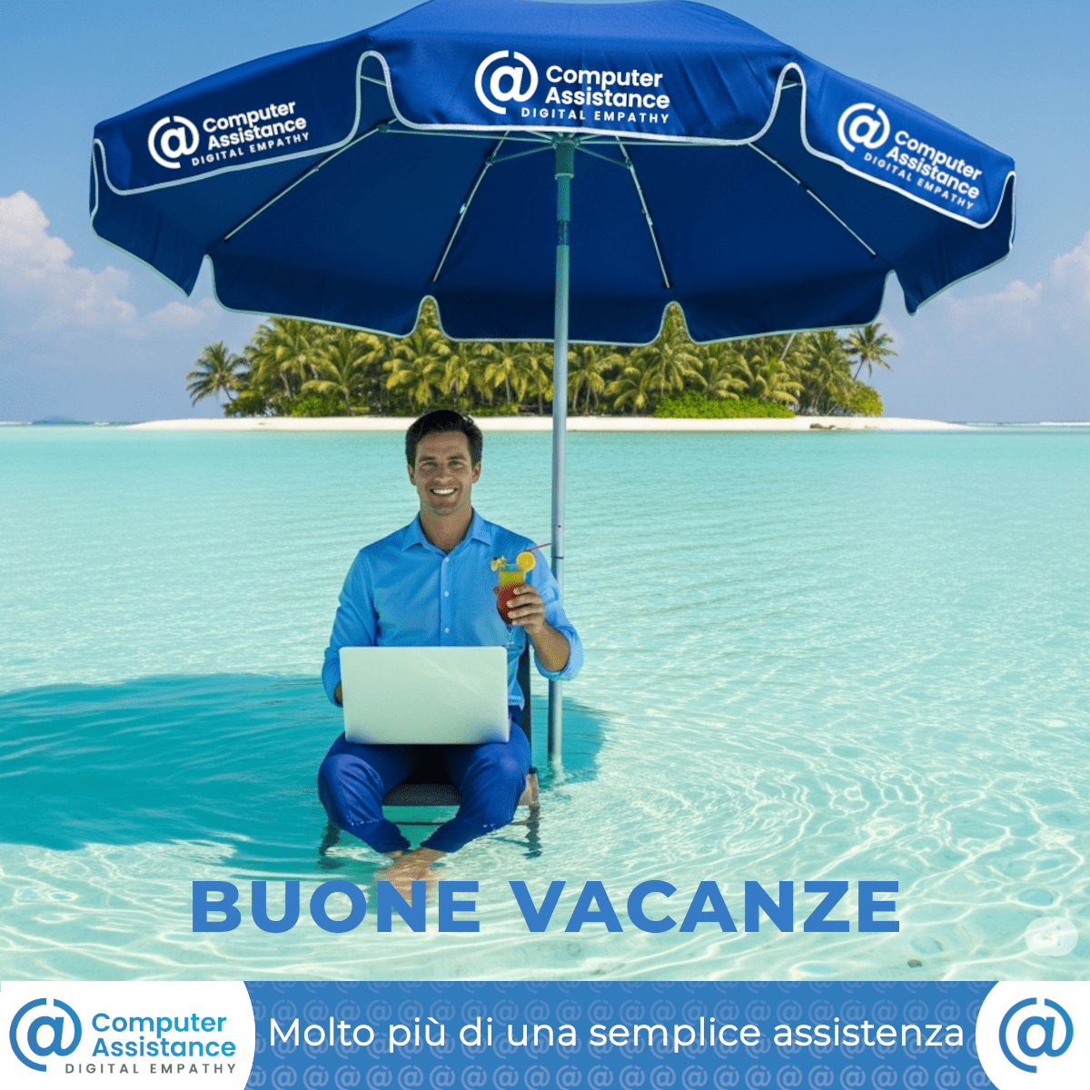 Una immagine scherzosa che sottolinea come anche nel periodo estivo i nostri tecnici siano sempre al lavoro monitorando le infrastrutture del cliente